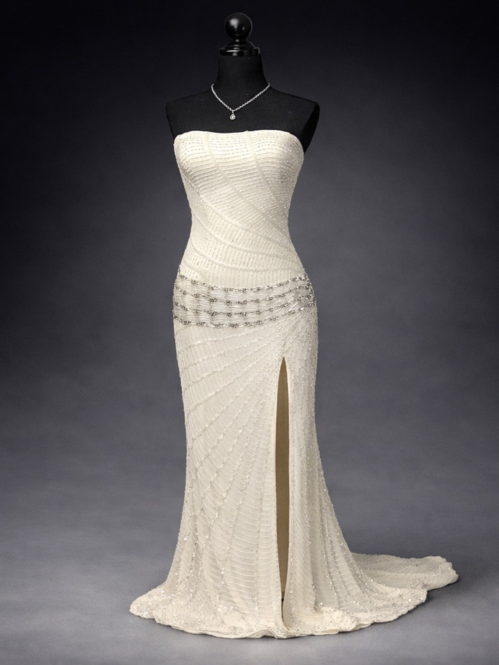 Vintage Strapless Ivory Beaded Evening Gown with Side Slit